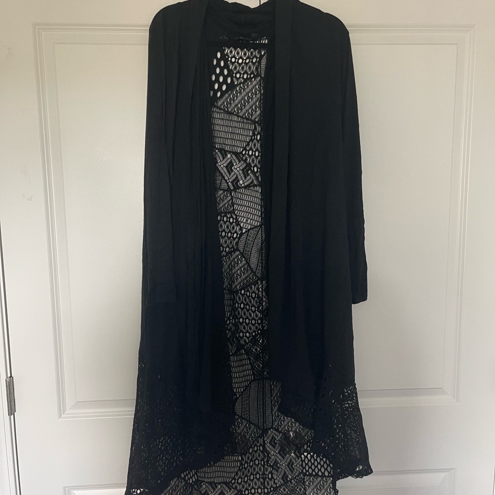Black Open-Front Lace Trim Cardigan Sweater